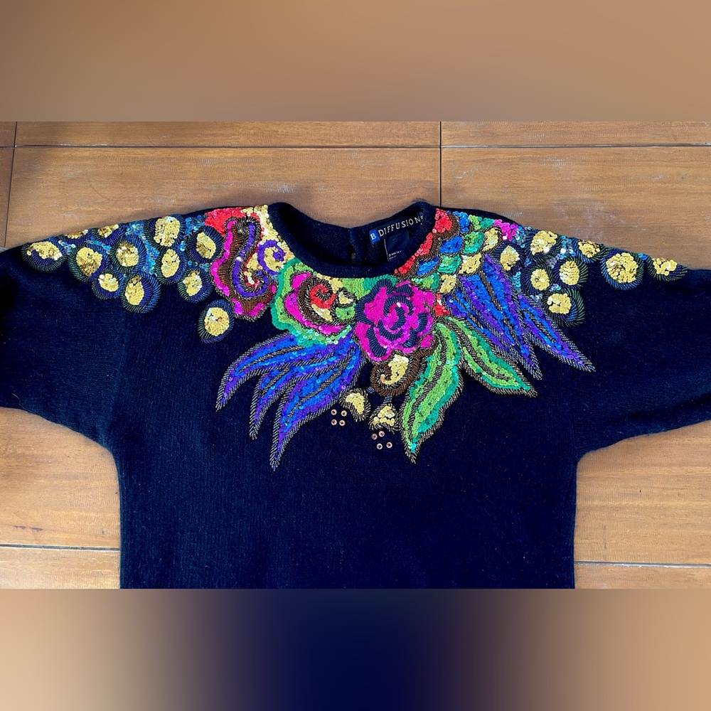 I.B. Diffusion Floral Sequined Silk Angora Sweater Black Fuzzy Vintage 90’s - Picture 11 of 15